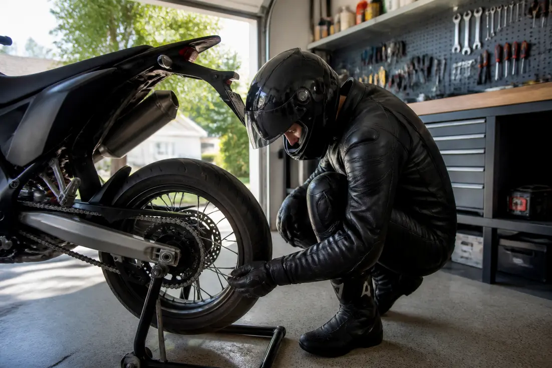 Jeune motard préparant sa moto dans son atelier pour un projet supermotard débutant