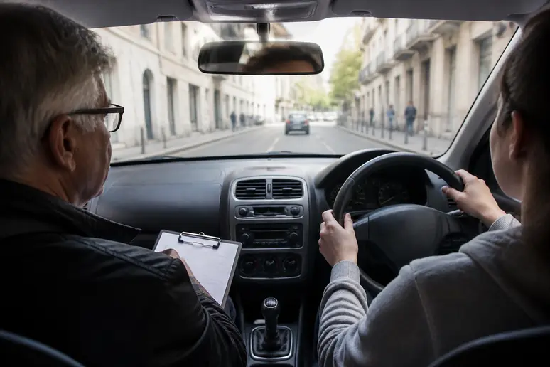 Élève au volant lors d'une leçon de conduite en voiture avec double commande