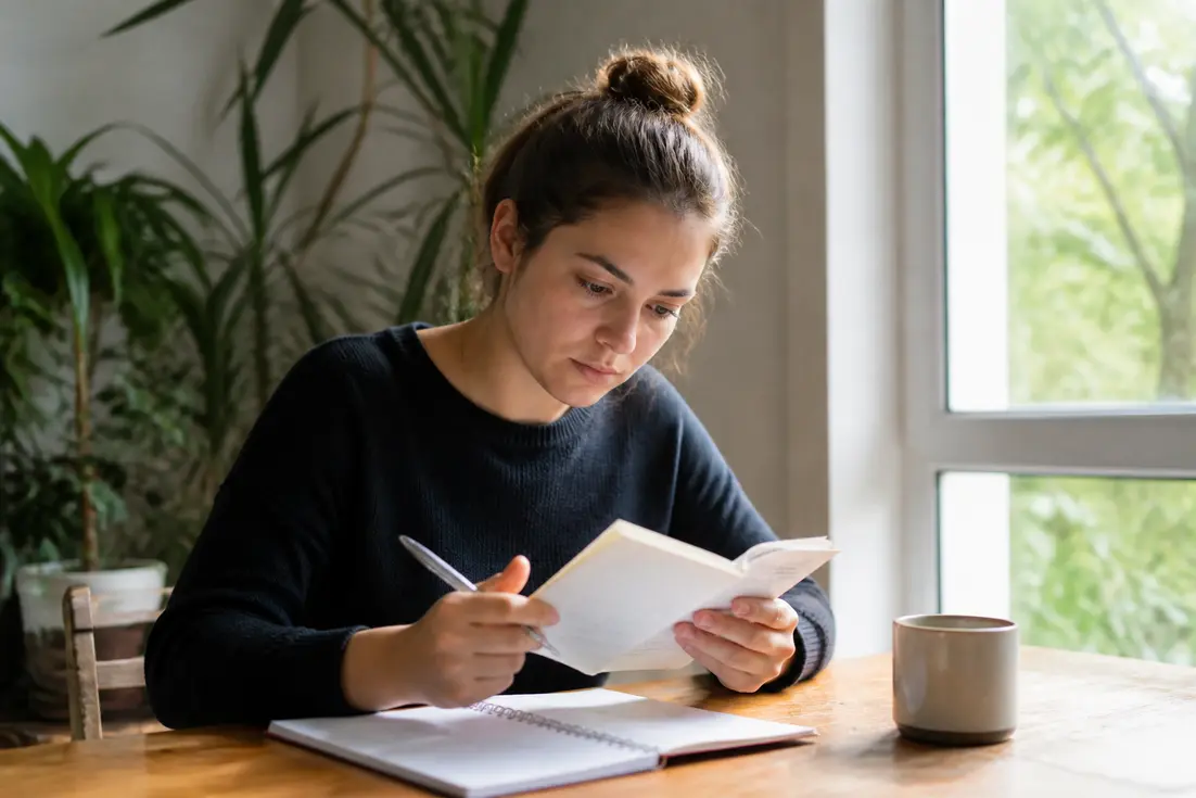 Jeune adulte étudiant studieusement un livret d'examen pour vérifier la durée validité code de la route.