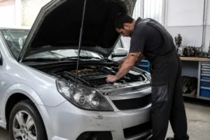 Un mécanicien examine le moteur dans un atelier lors d'un avis Vauxhall Vectra GTS.