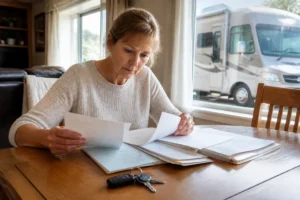Un héritier organise les démarches vente camping-car décès divorce en consultant les documents sur une table