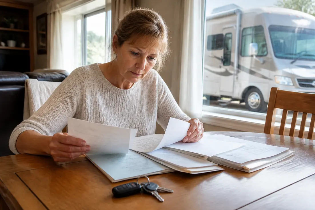 Un héritier organise les démarches vente camping-car décès divorce en consultant les documents sur une table