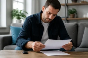 Un acheteur examine des documents administratifs aux côtés des clés pour savoir comment vérifier voiture gagée.