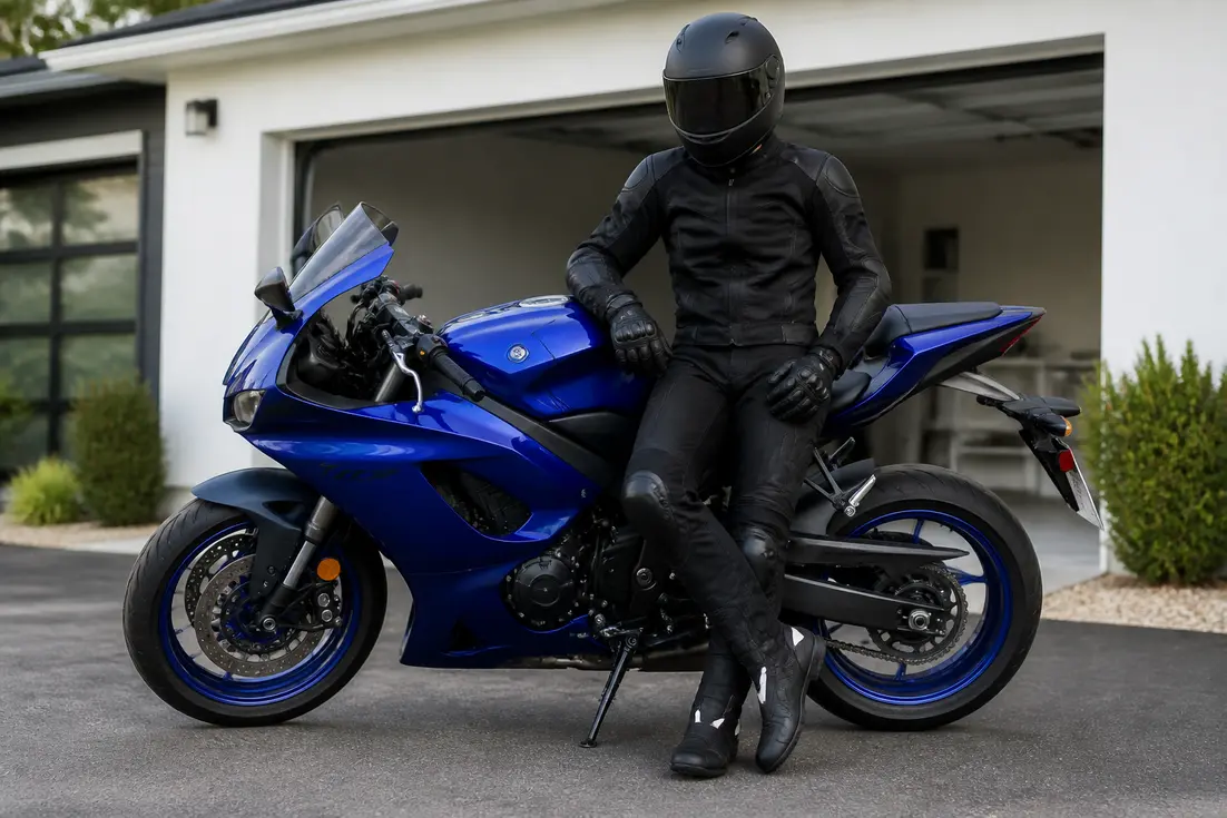 Un jeune motard en équipement complet à côté de sa Yamaha R7 sportive A2 garée