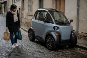 Une Aixam voiture sans permis stationnée dans une rue pavée en ville.