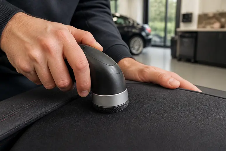 Utilisation d'une tondeuse textile sur l'Alcantara pour retirer les bouloches