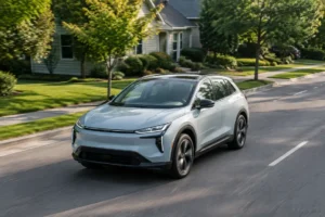 Une voiture électrique compacte circulant sur une route de banlieue illustre l'autonomie dacia spring.