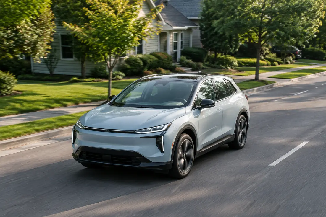 Une voiture électrique compacte circulant sur une route de banlieue illustre l'autonomie dacia spring.