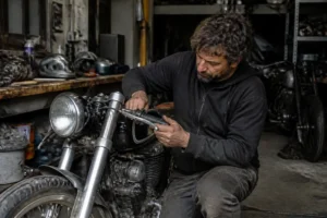 Un mécanicien ajuste les guidons d'une moto dans son atelier pour comprendre le café racer origine style philosophie.