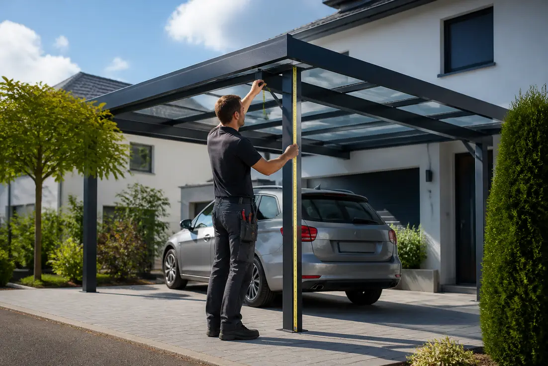 Installation d'un carport voiture en aluminium moderne sur le terrain d'une maison.