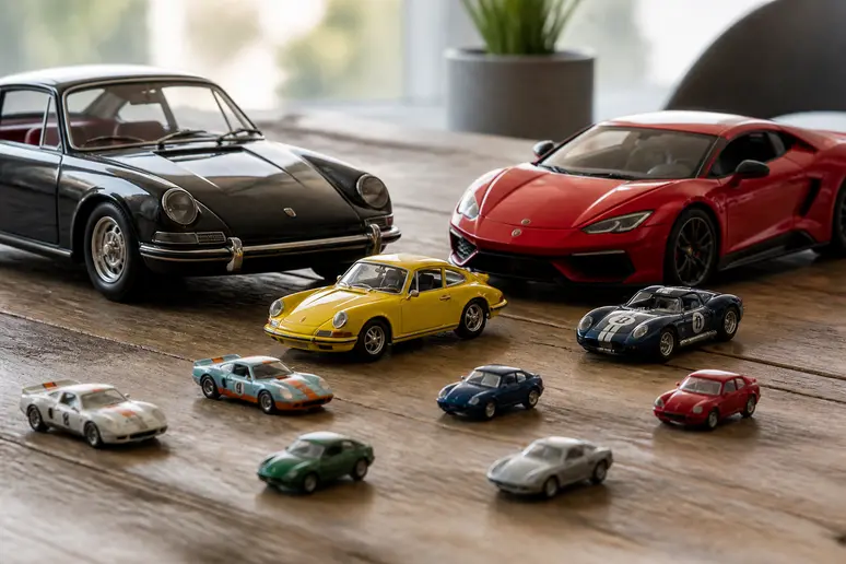 Plusieurs modèles de voitures miniatures de collection disposés sur une table pour comparer les échelles