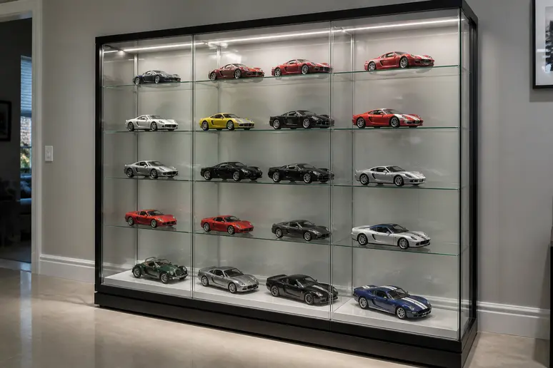 Vitrine en verre fermée présentant une collection de voitures miniatures bien rangées à l'abri de la poussière