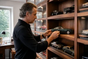 Un collectionneur installe une voiture miniature sur une étagère pour commencer une collection de voitures miniatures.