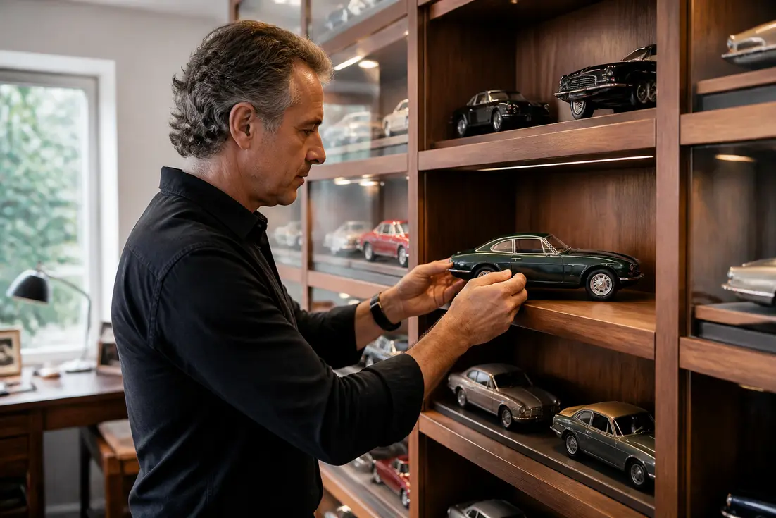 Un collectionneur installe une voiture miniature sur une étagère pour commencer une collection de voitures miniatures.