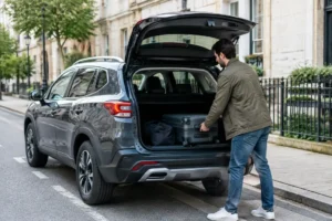 Un automobiliste charge des bagages dans le coffre pour vérifier la dimension ford puma en milieu urbain
