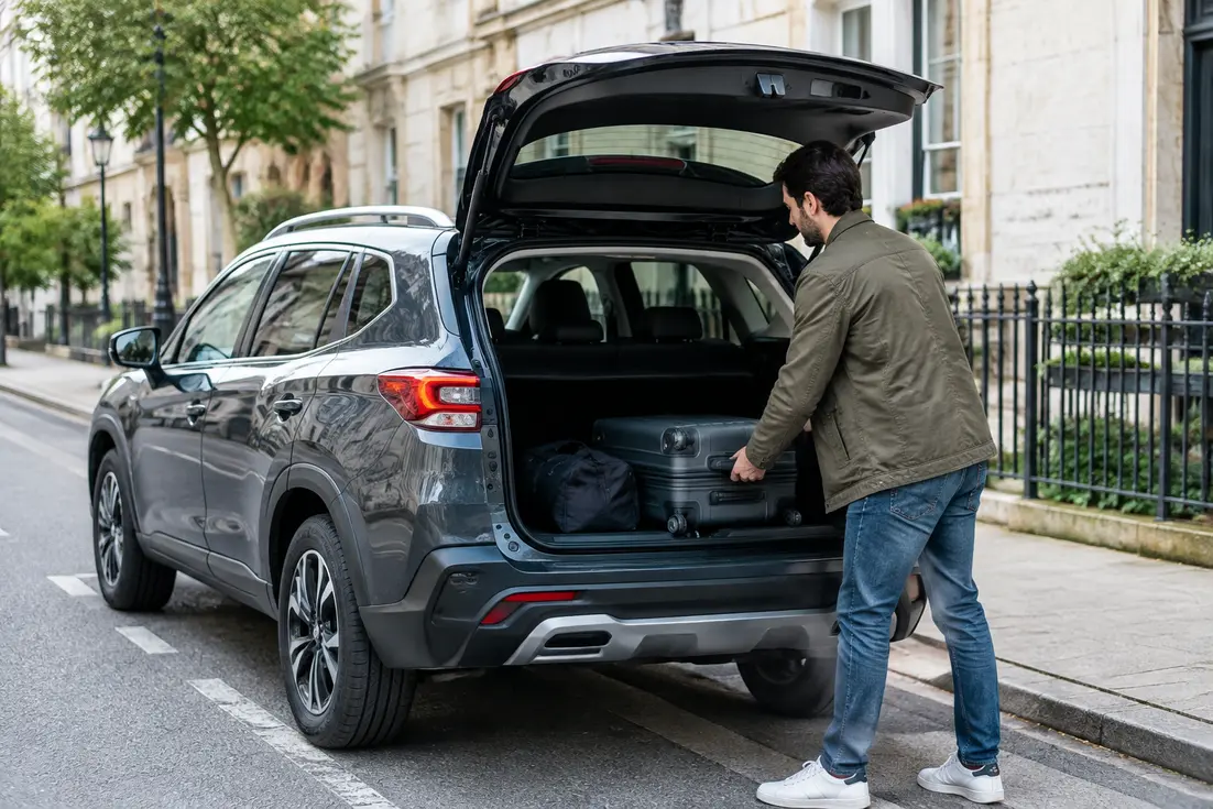 Un automobiliste charge des bagages dans le coffre pour vérifier la dimension ford puma en milieu urbain