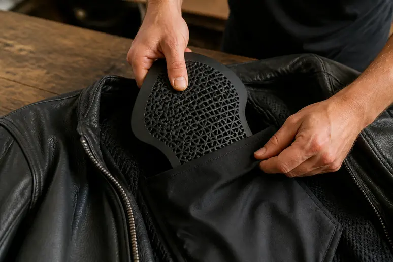 Insertion d'une dorsale moto souple dans la doublure interne d'un blouson en cuir