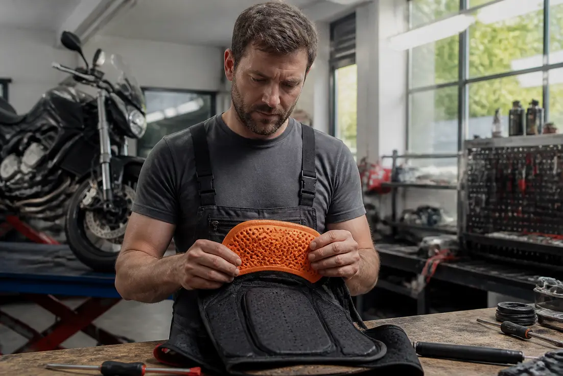 Un mécanicien examine les caractéristiques techniques d'une protection de sécurité pour savoir quelle dorsale moto choisir en atelier.