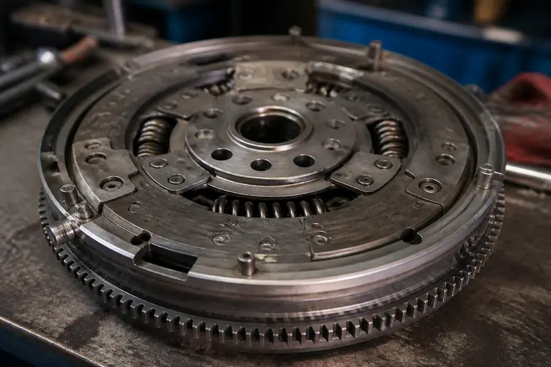 Volant moteur bi-masse démonté sur un établi d'atelier montrant ses ressorts internes