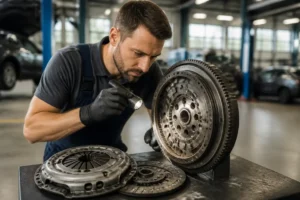 Un mécanicien examine un volant moteur et un kit pour le prix changement embrayage dans un atelier