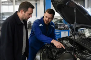 Un mécanicien et un client discutent des réparations lors d'un entretien voiture Lognes dans un atelier.
