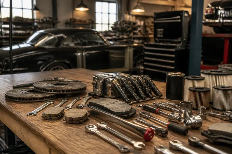 Établi de mécanicien présentant des pièces détachées et des outils pour l'entretien d'une Ferrari F40