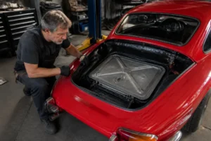 Mécanicien inspectant le compartiment d'une Ferrari F40 prix actuel dans un atelier spécialisé