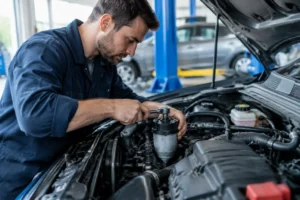 Mécanicien remplaçant un filtre à gasoil sous le capot dans un atelier automobile