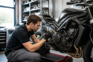 Honda CBR 1000 RR fiche technique avis d'un mécanicien inspectant une moto de sport dans un atelier.