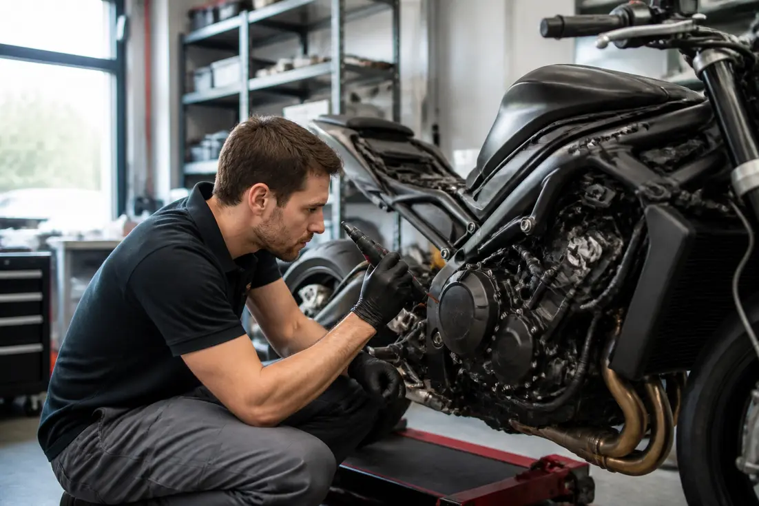 Honda CBR 1000 RR fiche technique avis d'un mécanicien inspectant une moto de sport dans un atelier.