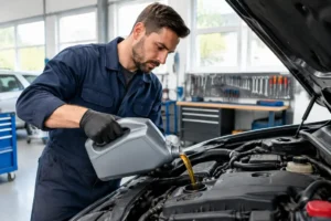 Un mécanicien verse de l'huile 15w40 dans le moteur d'une voiture dans un atelier.