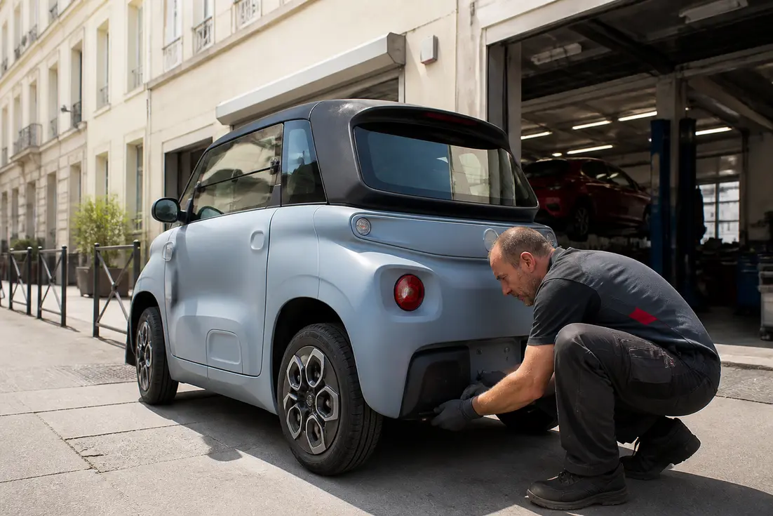 Un mécanicien inspecte une microcar dans un garage pour illustrer les nouvelles normes voitures sans permis