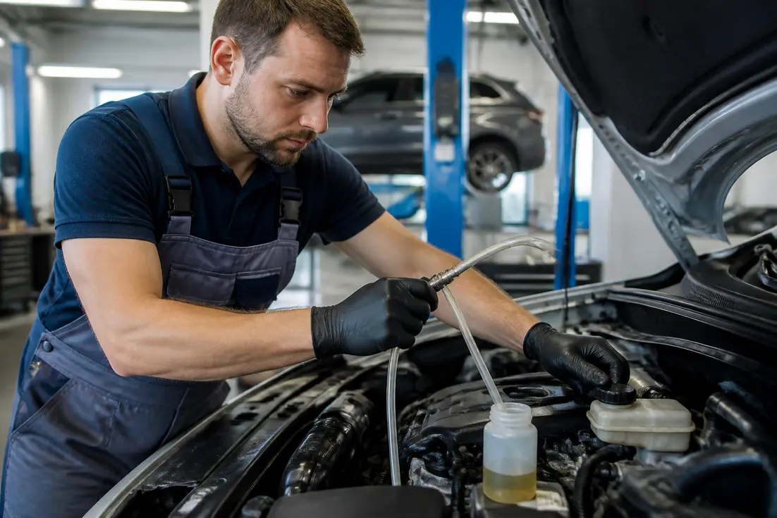 Un mécanicien réalise un entretien professionnel pour apprendre comment purger liquide de frein dans un atelier automobile.