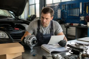 Mécanicien consultant une carte grise pour bien choisir pièces auto ligne dans un atelier