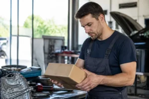 Un mécanicien examine une pièce auto dans son atelier dans ce guide commande pièces auto