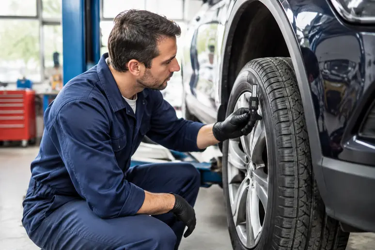 Contrôle de la dimension et de l'usure d'un pneu hankook monté sur une voiture.