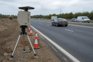 Un radar de chantier fonctionnement tolérance installé au bord d'une route avec de la circulation.