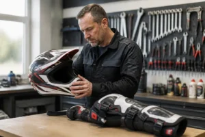 Un mécanicien examine un équipement moto cross budget conforme aux normes FFM dans son atelier.
