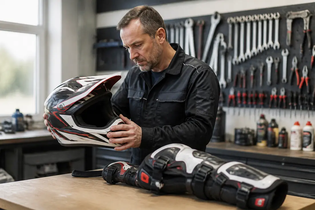 Un mécanicien examine un équipement moto cross budget conforme aux normes FFM dans son atelier.