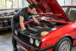Examen minutieux sous le capot pour identifier les renault 5 turbo alpine différences en atelier.