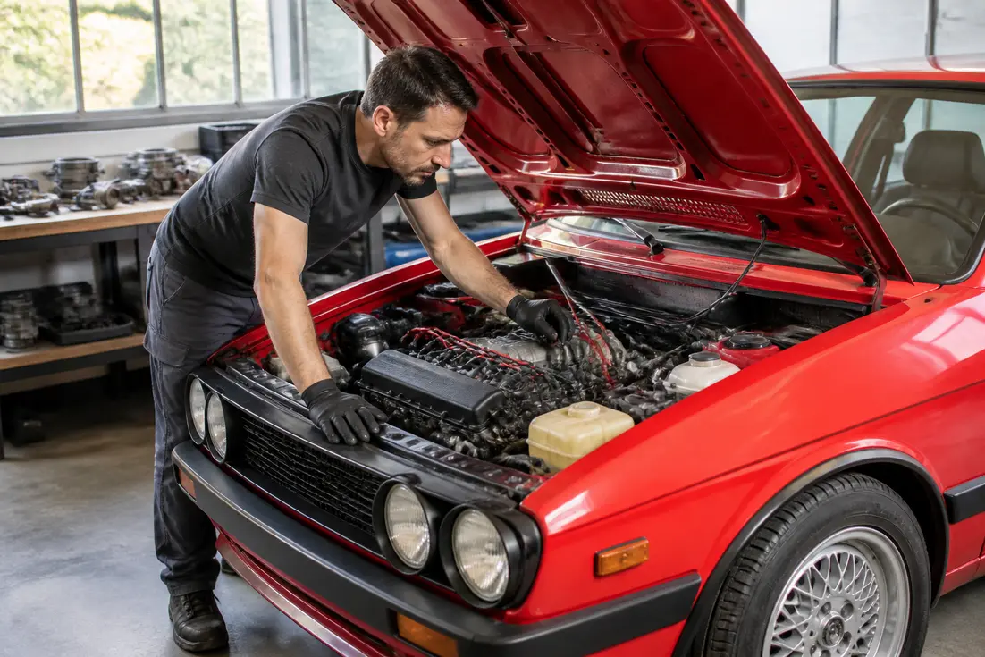 Examen minutieux sous le capot pour identifier les renault 5 turbo alpine différences en atelier.