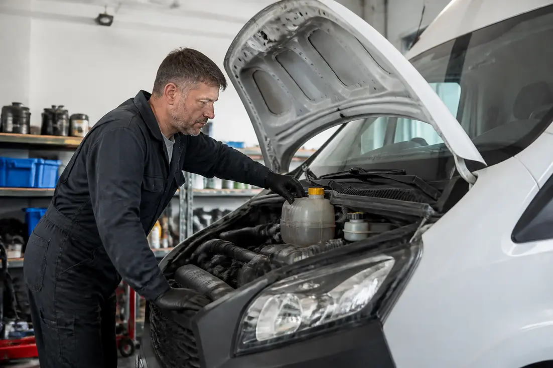 Mécanicien inspectant le moteur d'une camionnette pour évaluer le coût entretien utilitaire dans un garage professionnel