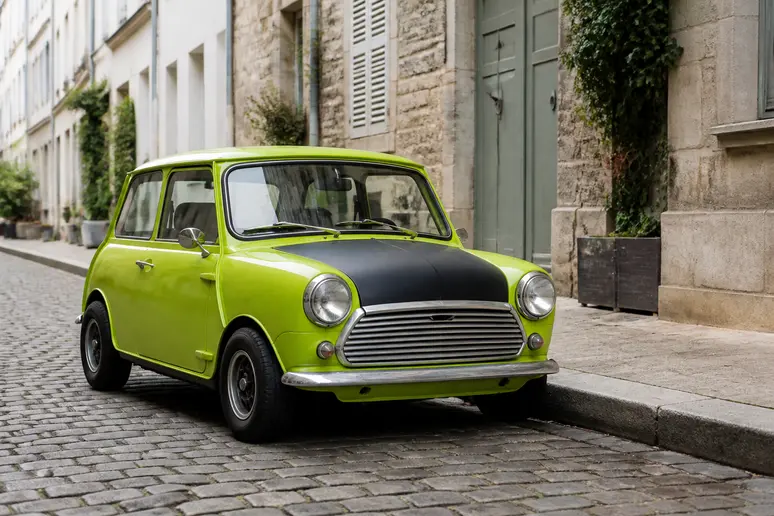 Petite voiture de collection vert citron avec un capot noir garée dans une rue pavée