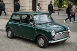 Une voiture mr bean classique garée dans une rue européenne animée un jour ensoleillé