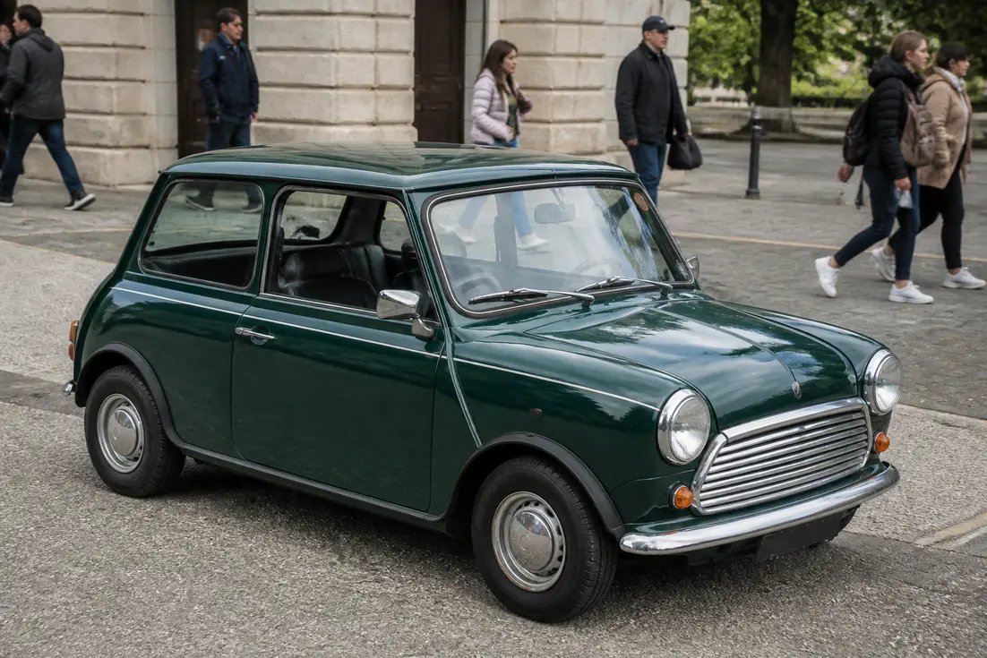 Une voiture mr bean classique garée dans une rue européenne animée un jour ensoleillé